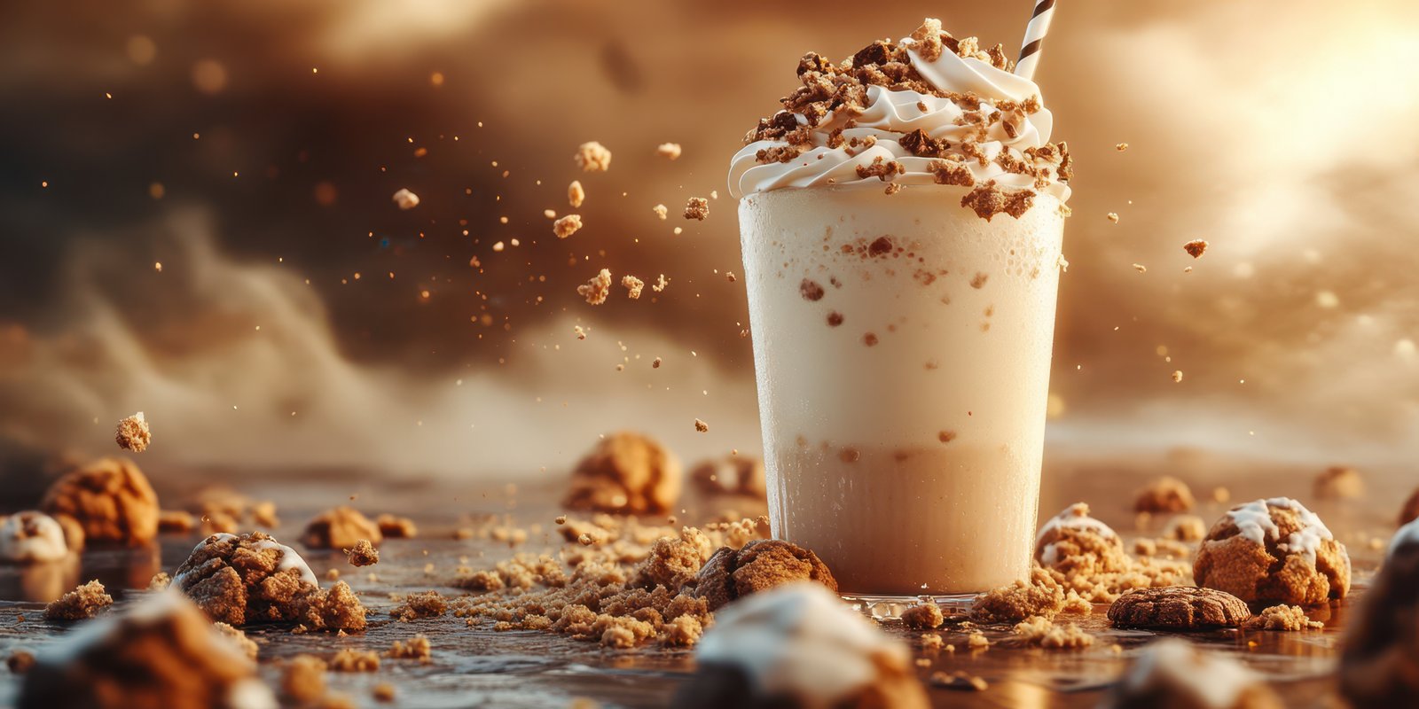 Creamy dessert beverage with cookie crumbles and whipped topping displayed on a textured surface at sunset